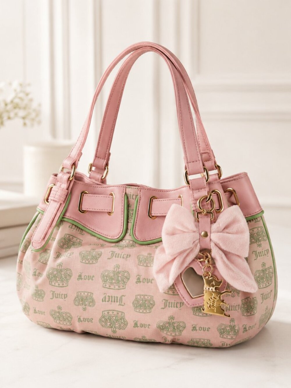 Juicy Couture Crown Love Tote Blush Pink Green Bow Charm NWT